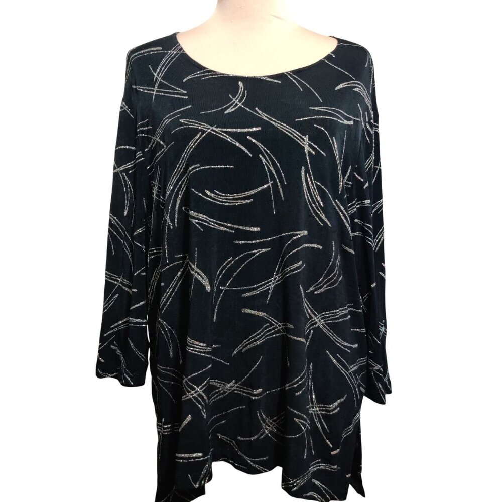 Amanda XL Vintage Black Metallic Abstract Print Tunic Blouse Long Sleeve USA
